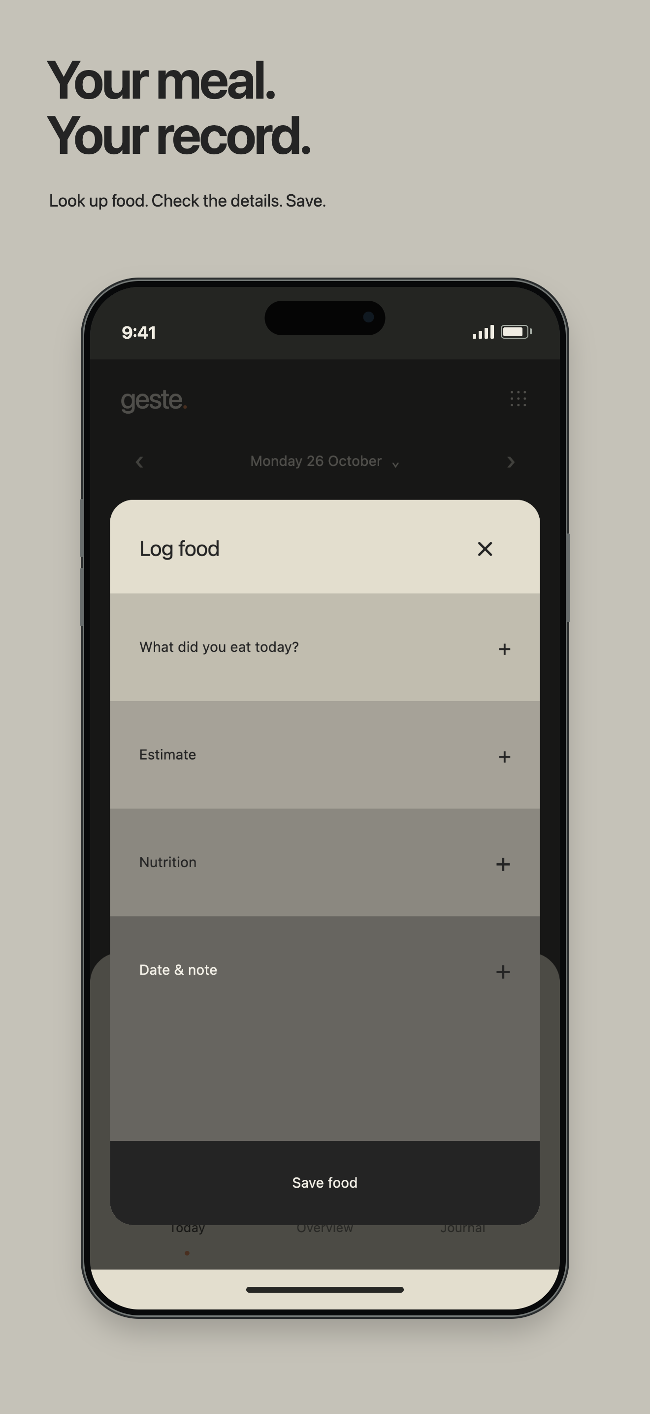 Geste food form, with estimation and nutrition. Example records.