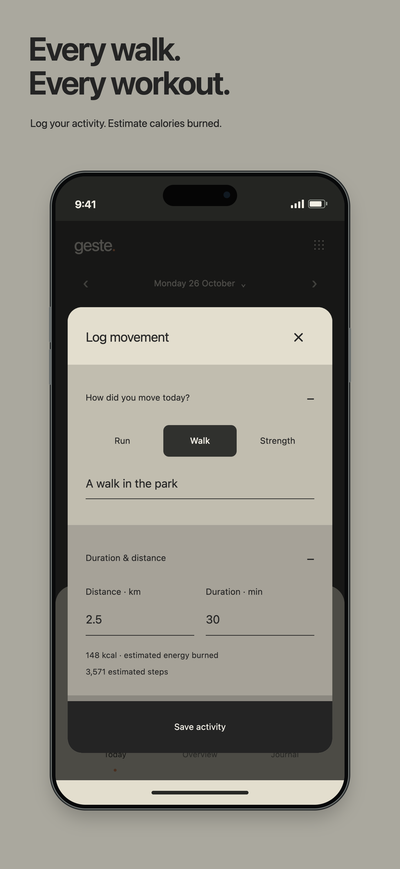 The activity entry form in Geste. Example records.
