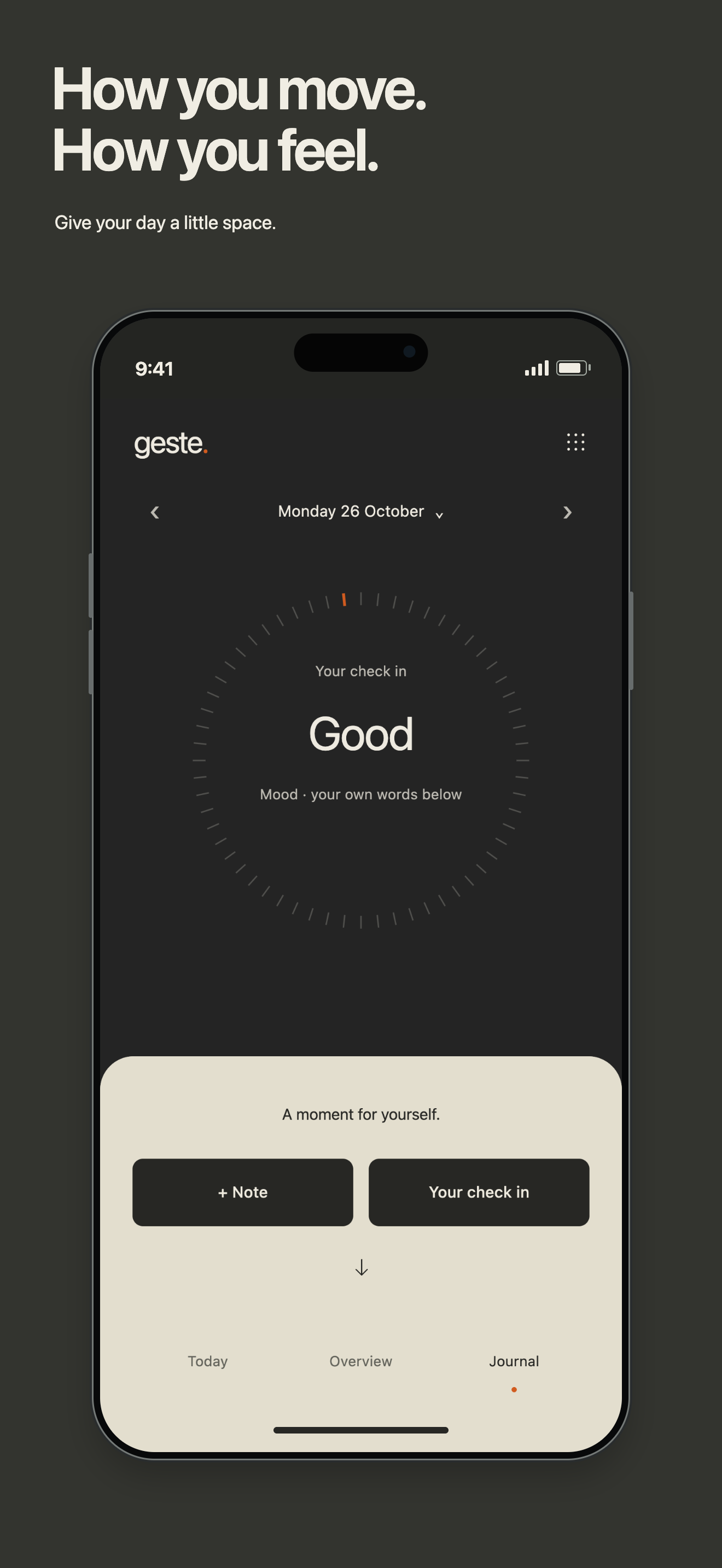 The personal Journal in Geste: notes and check-ins. Example records.